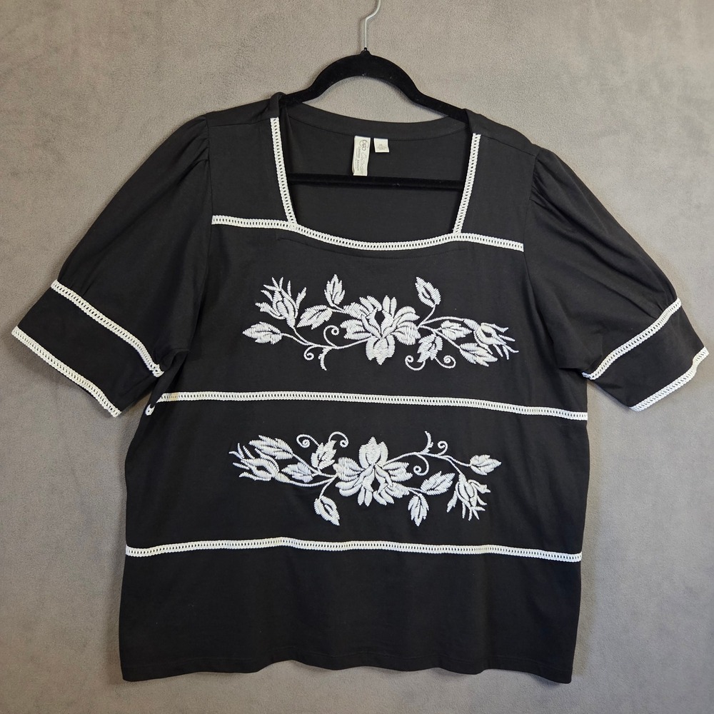 Cato Embroidered Square Neck Top Women's XL Floral Puff Sleeve Cottage Peasant